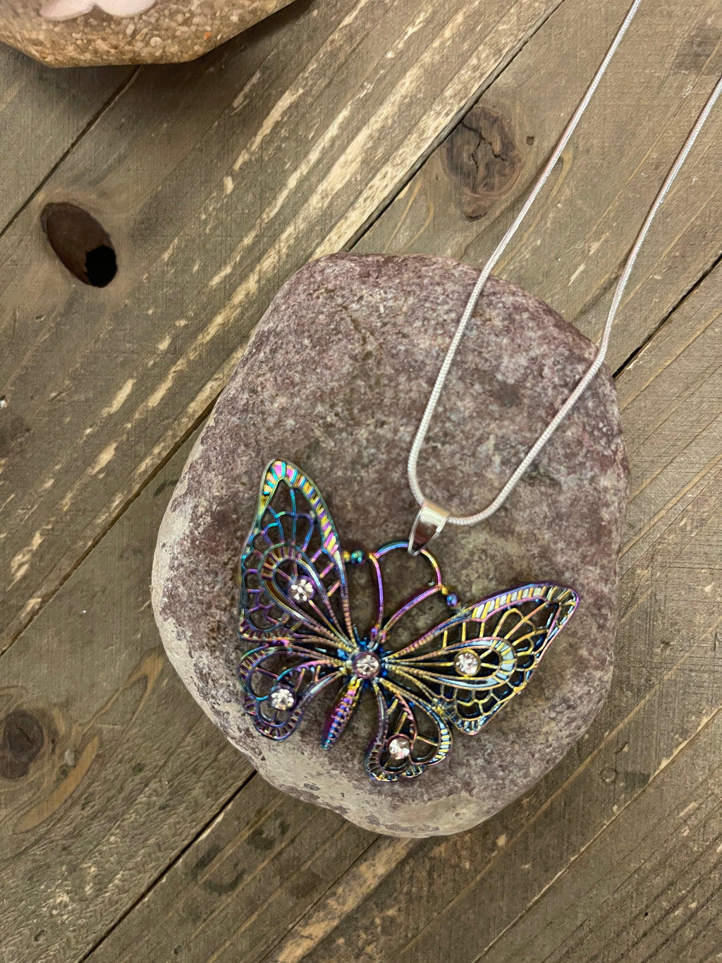 Iridescent Butterfly Charm Pendant on a Silver chain Necklace