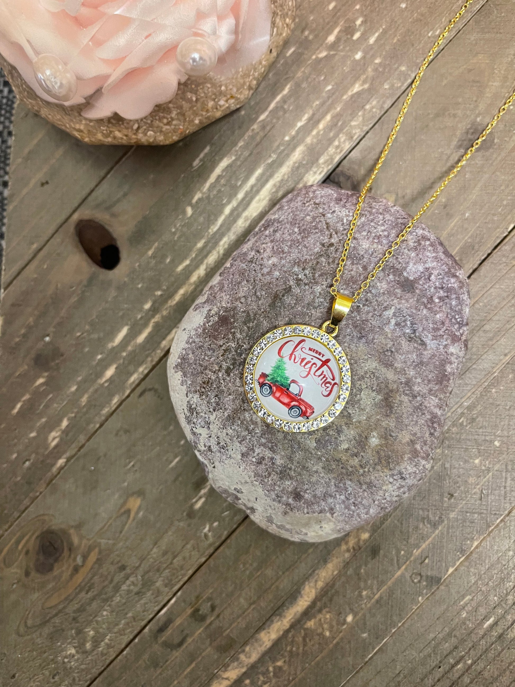 Christmas Tradition Cabochon Pendant on a Gold chain NecklacePink tiful of LOVE