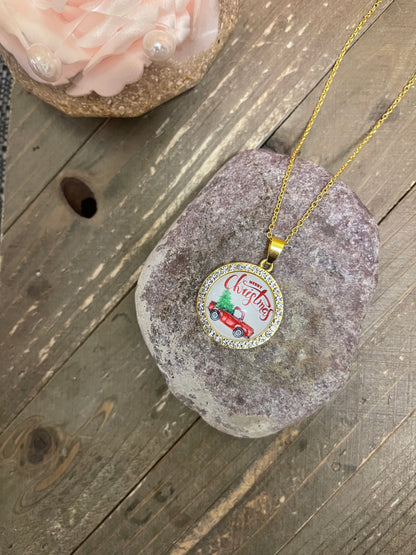 Christmas Tradition Cabochon Pendant on a Gold chain Necklace