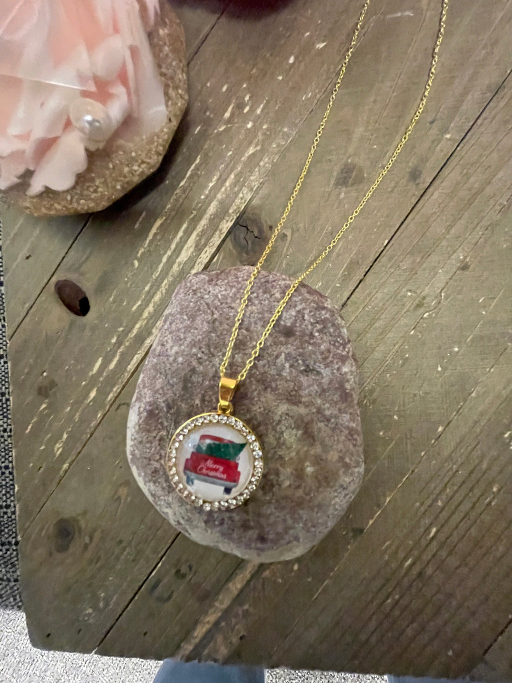Christmas Tradition Cabochon Pendant on a Gold chain Necklace