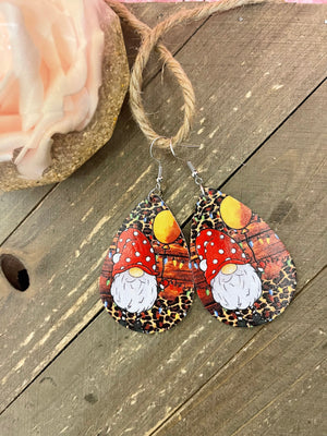 Christmas Gnome-1 Faux Leather Teardrop wire earrings