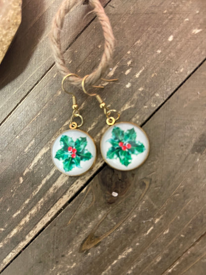 Holly & Berries Cabochon Charm Wire earrings
