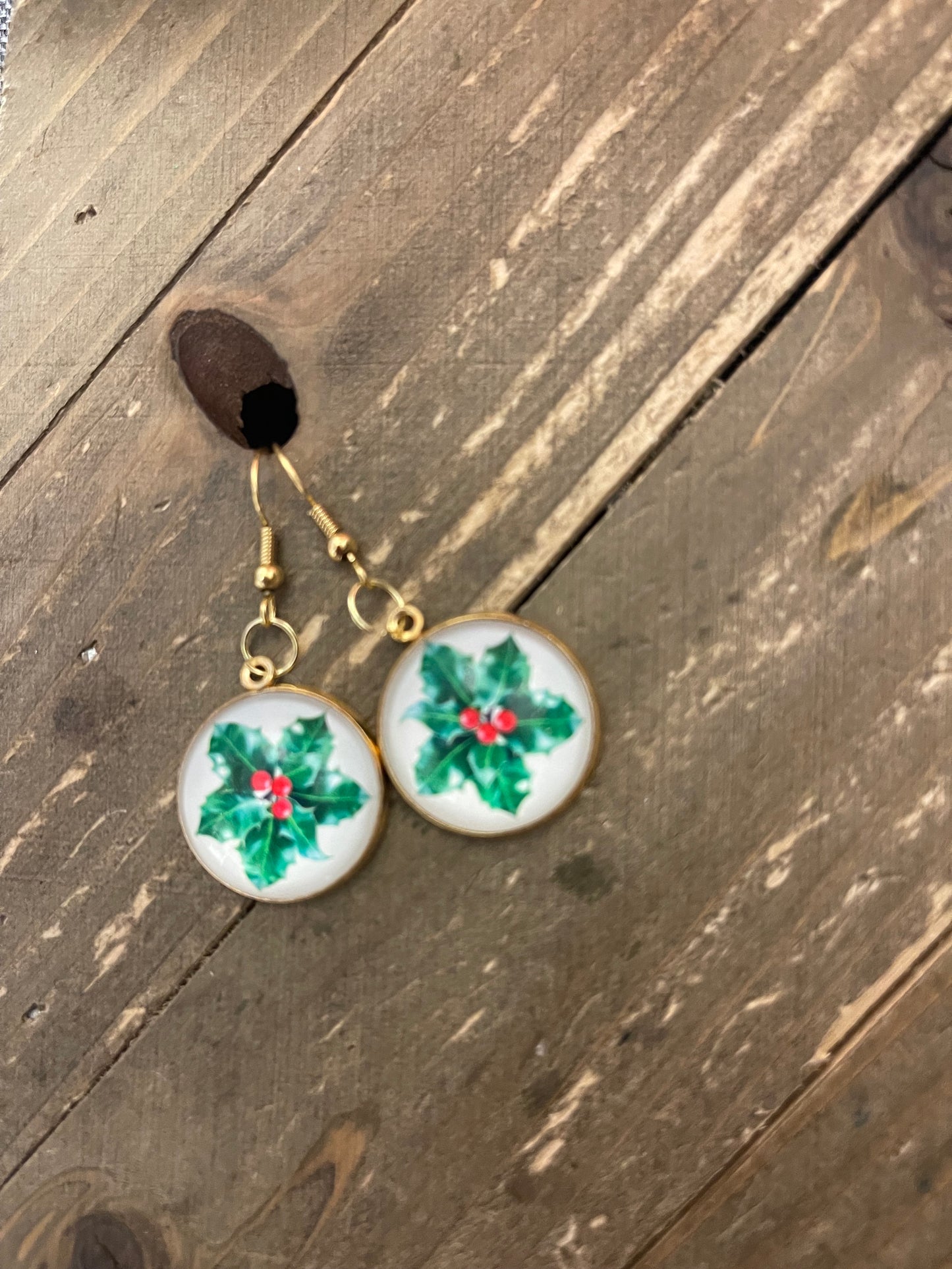 Holly & Berries Cabochon Charm Wire earrings