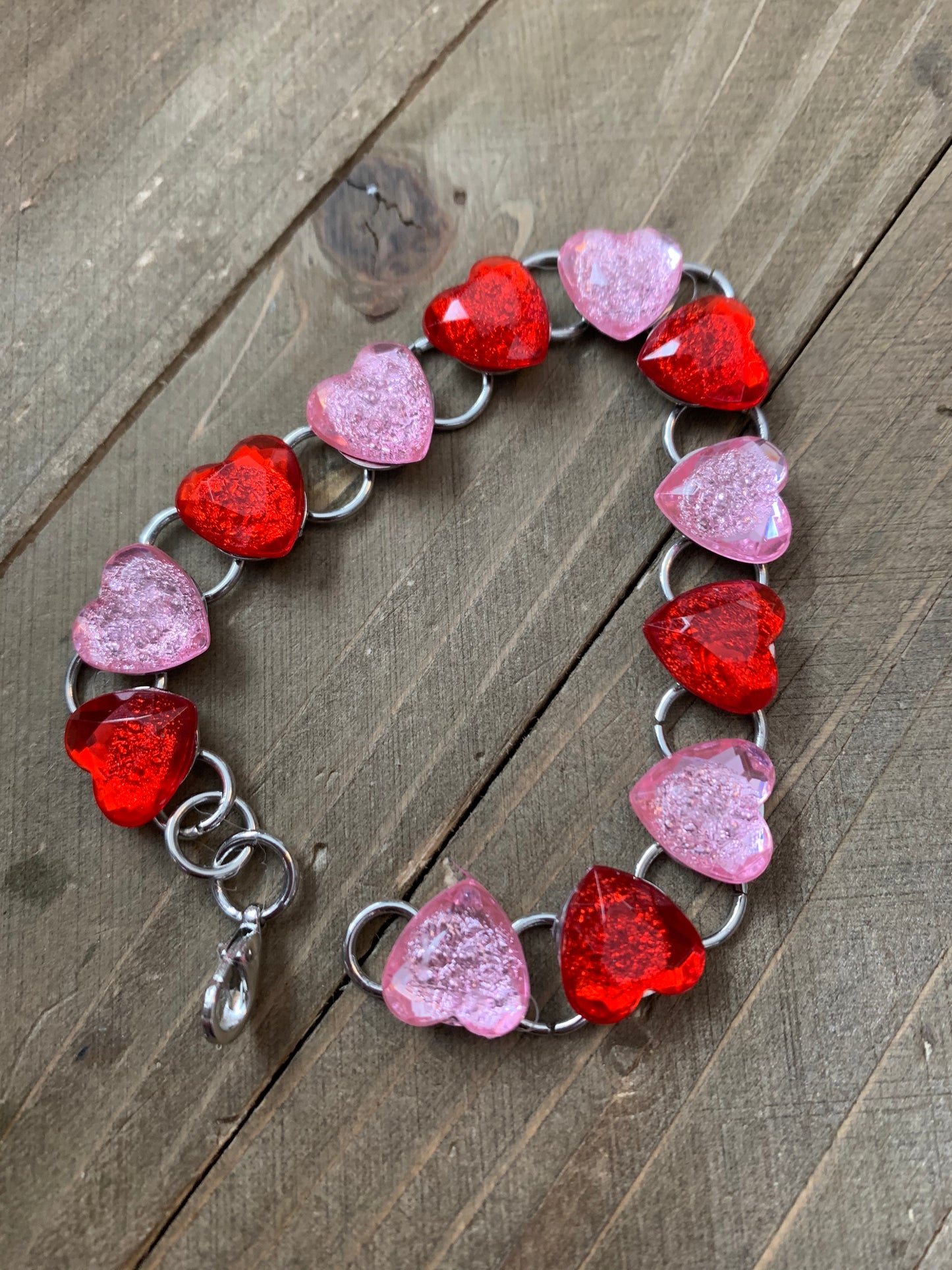 Pink and Red Hearts Gemstone Bracelet, Silver 12 linksPink tiful of LOVE