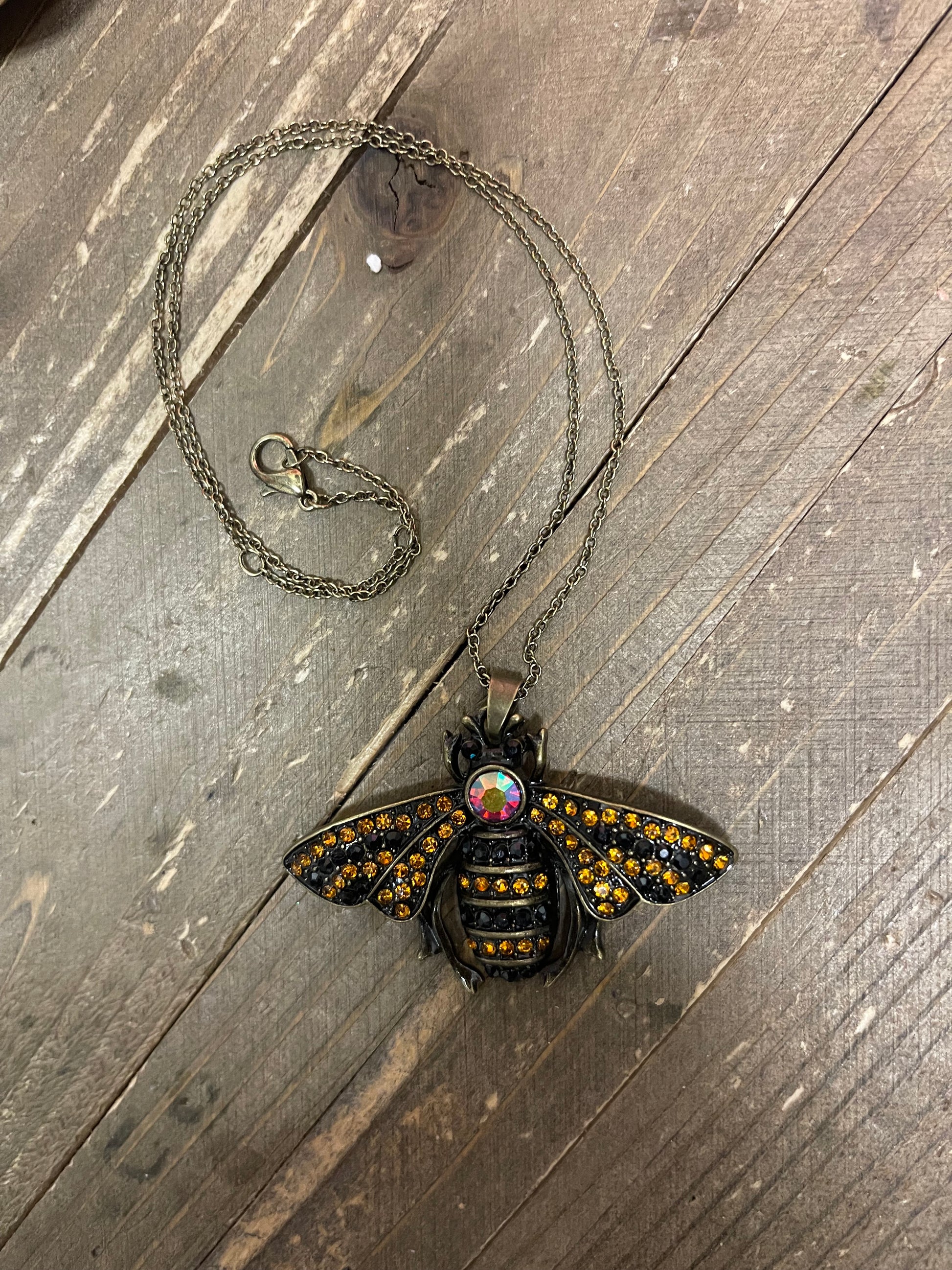 Rhinestone Bee Pendant on a Antique Brass chain NecklacePink tiful of LOVE