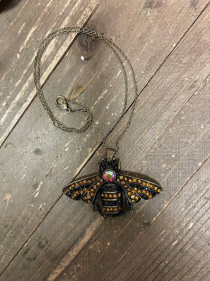 Rhinestone Bee Pendant on a Antique Brass chain Necklace