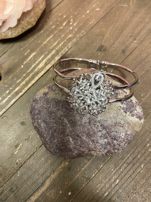 Silver Crystal Rhinestone flower  on a Single Silver Bangle Cuff Bracelet