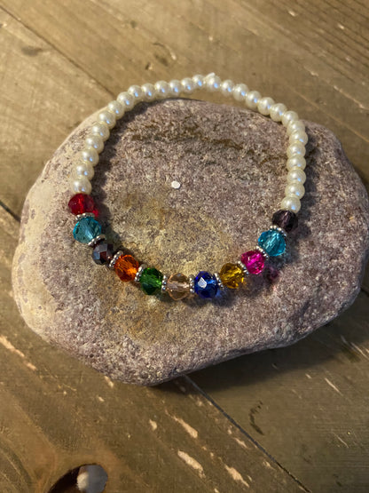 Pearl and Birthstone Glass Bead Elastic Bracelet