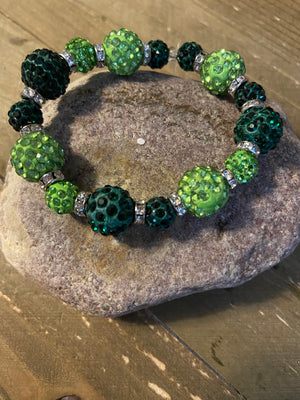 Green Sparkly Rhinestone Ball Beaded Elastic/Stretch Bracelet
