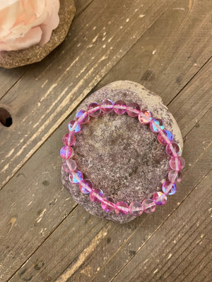 Pink Holographic glass beaded Stretch bracelet