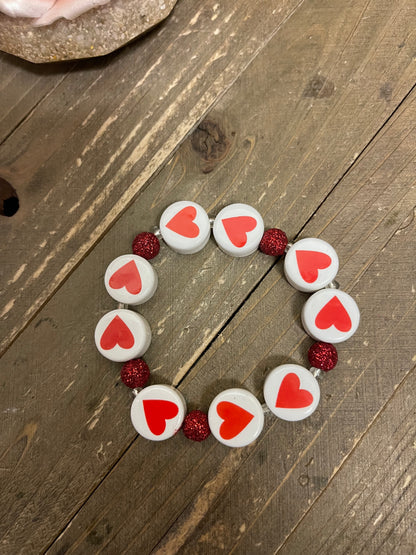 Heart; Red &amp; White Ceramic; beaded Bracelet; stretchy designPink tiful of LOVE