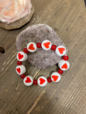 Red and White Ceramic Heart Bead Elastic/Stretch Bracelet