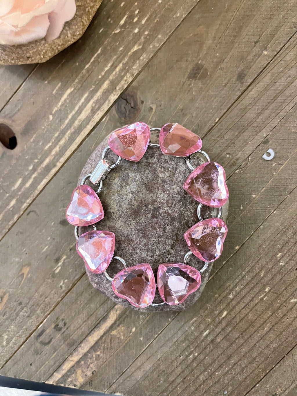 Pink Hearts Gemstone Bracelet, Silver 8 links