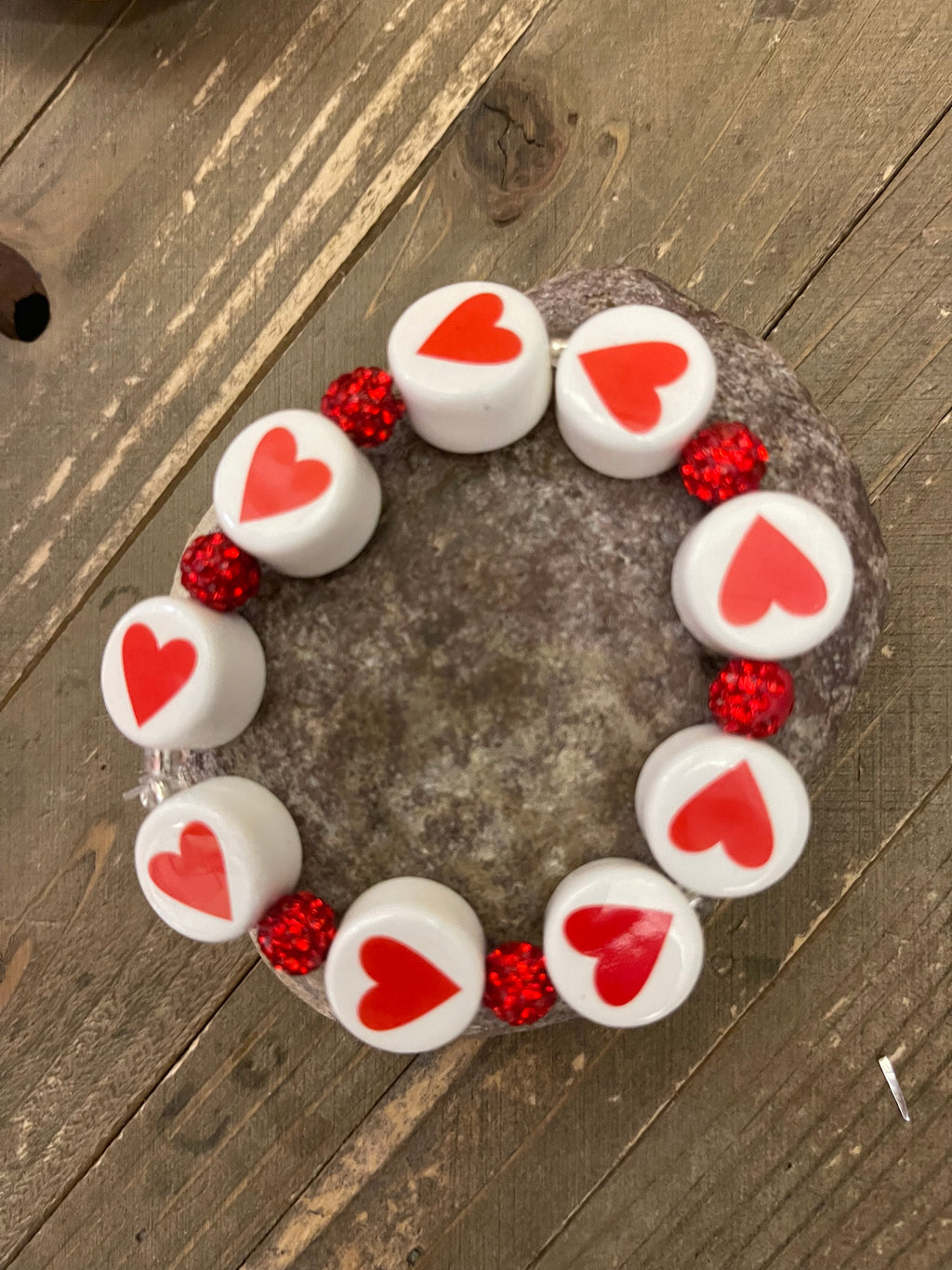 Red and White Ceramic Heart Bead Elastic/Stretch Bracelet-5