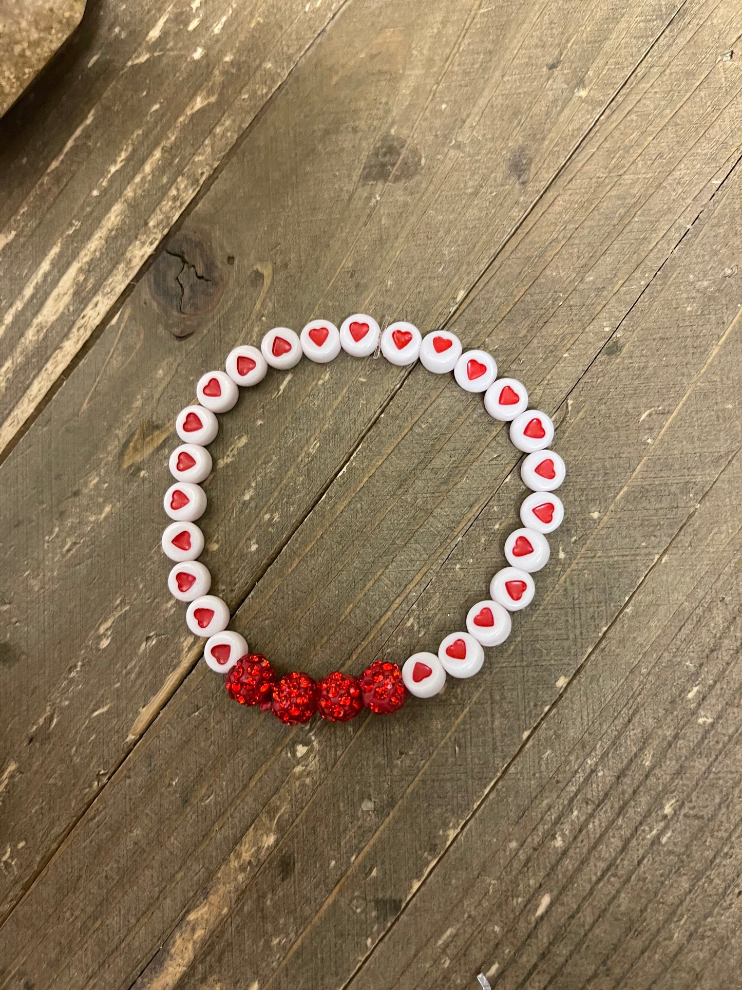 Red and White Ceramic Heart Bead Elastic/Stretch Bracelet-6