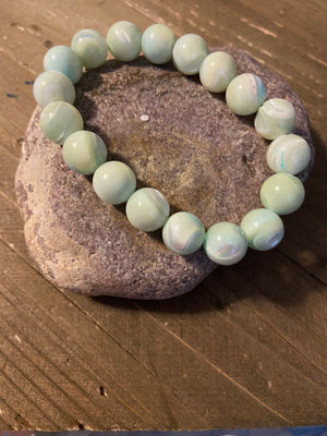 Blue Green Dyed Round Shell Beaded Elastic/Stretch Bracelet