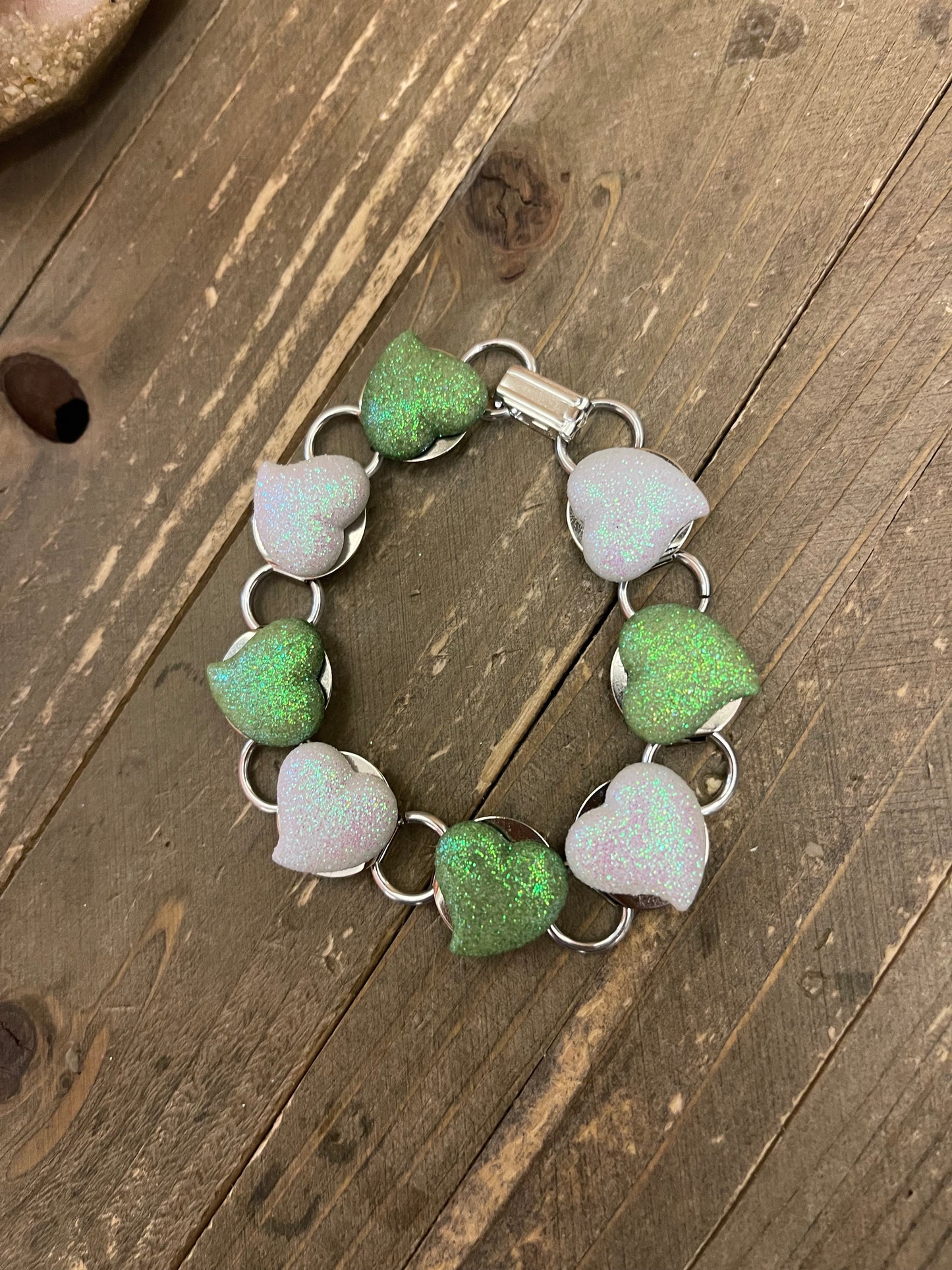 Green and White Sparkly Heart Bracelet, Silver 8 linksPink tiful of LOVE