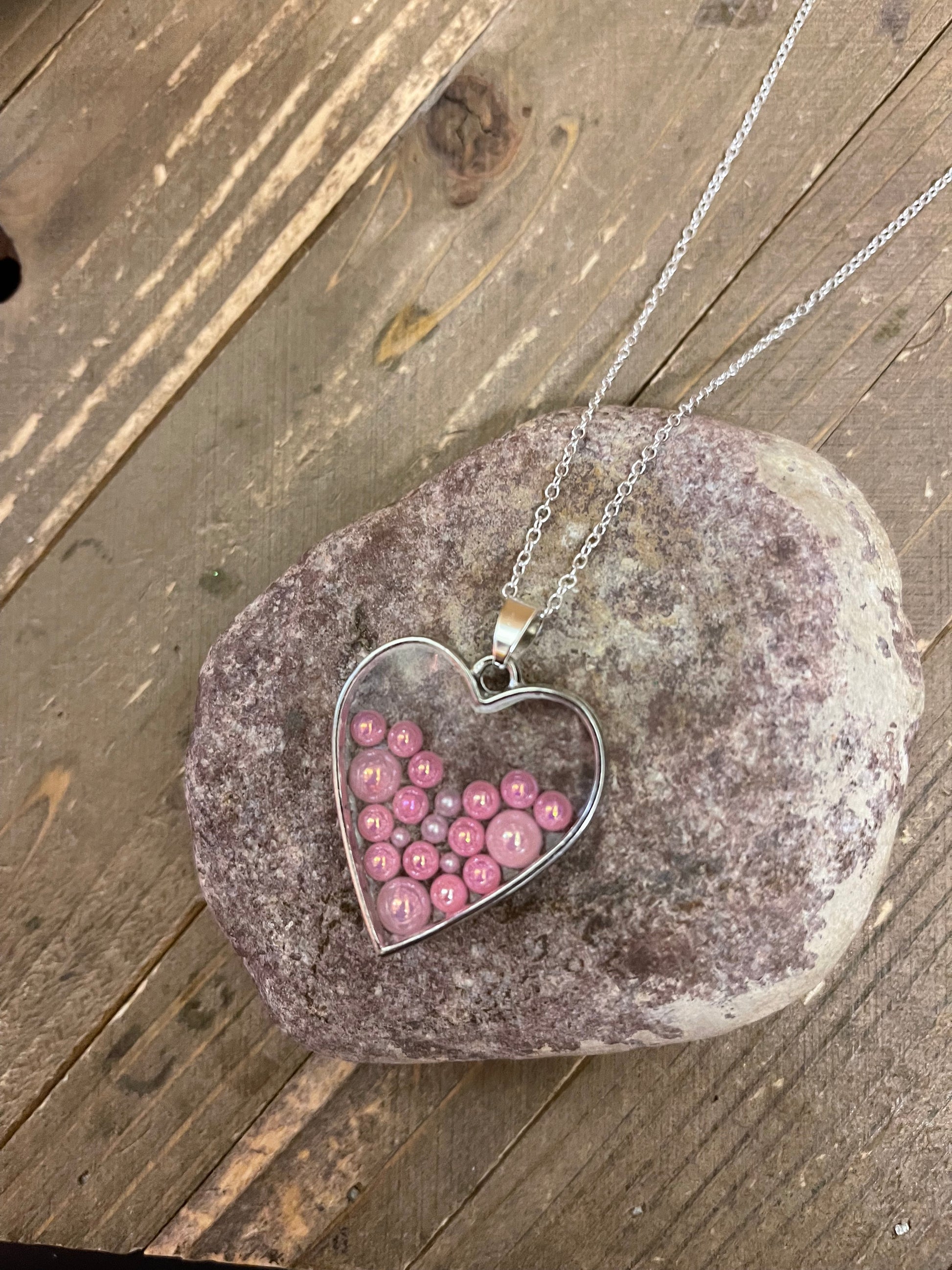 Heart with resin &amp; pink rhinestones Pendant on a silver chainPink tiful of LOVE