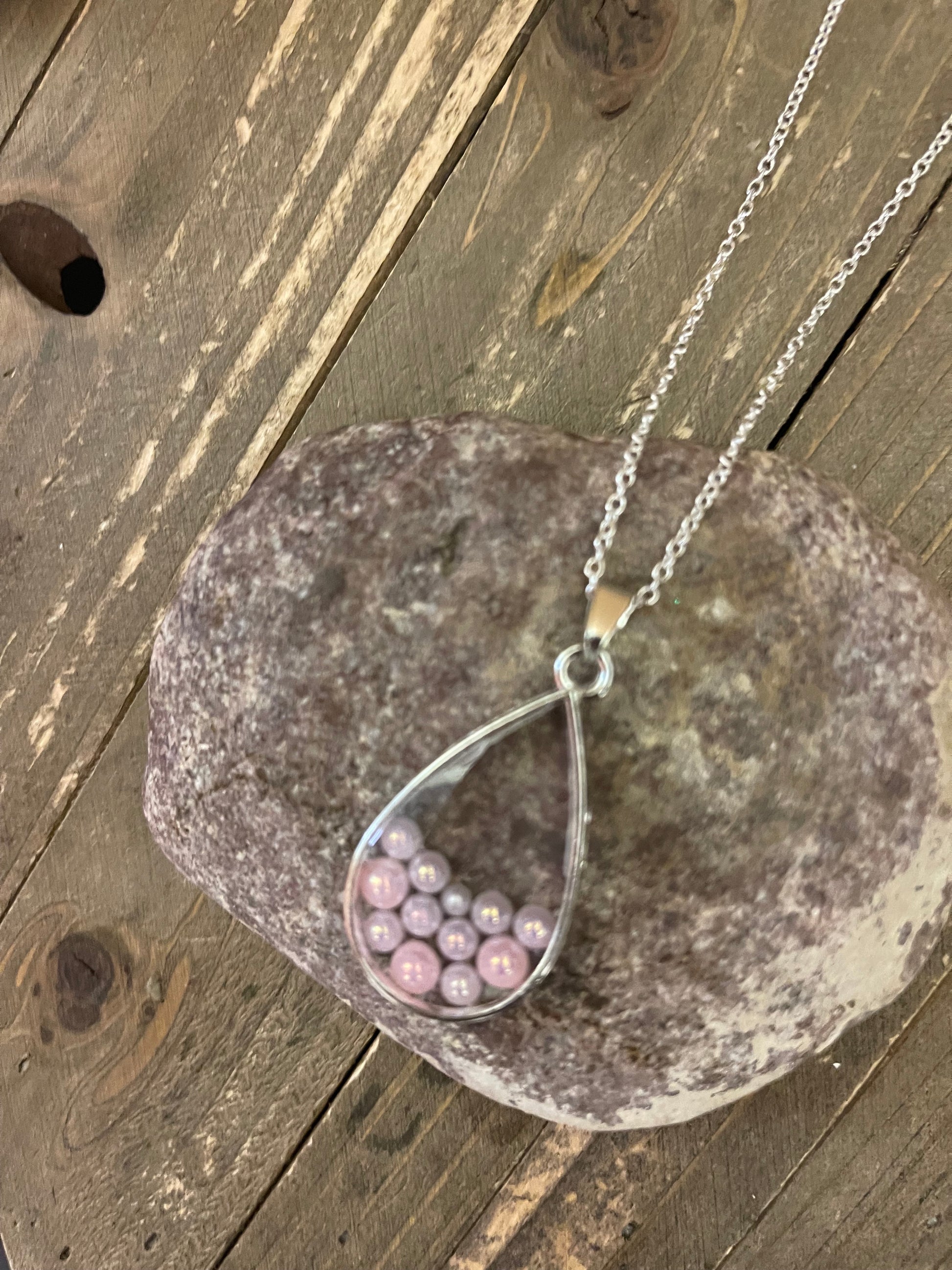 Teardrop with resin &amp; pink rhinestones Pendant on a silver chainPink tiful of LOVE
