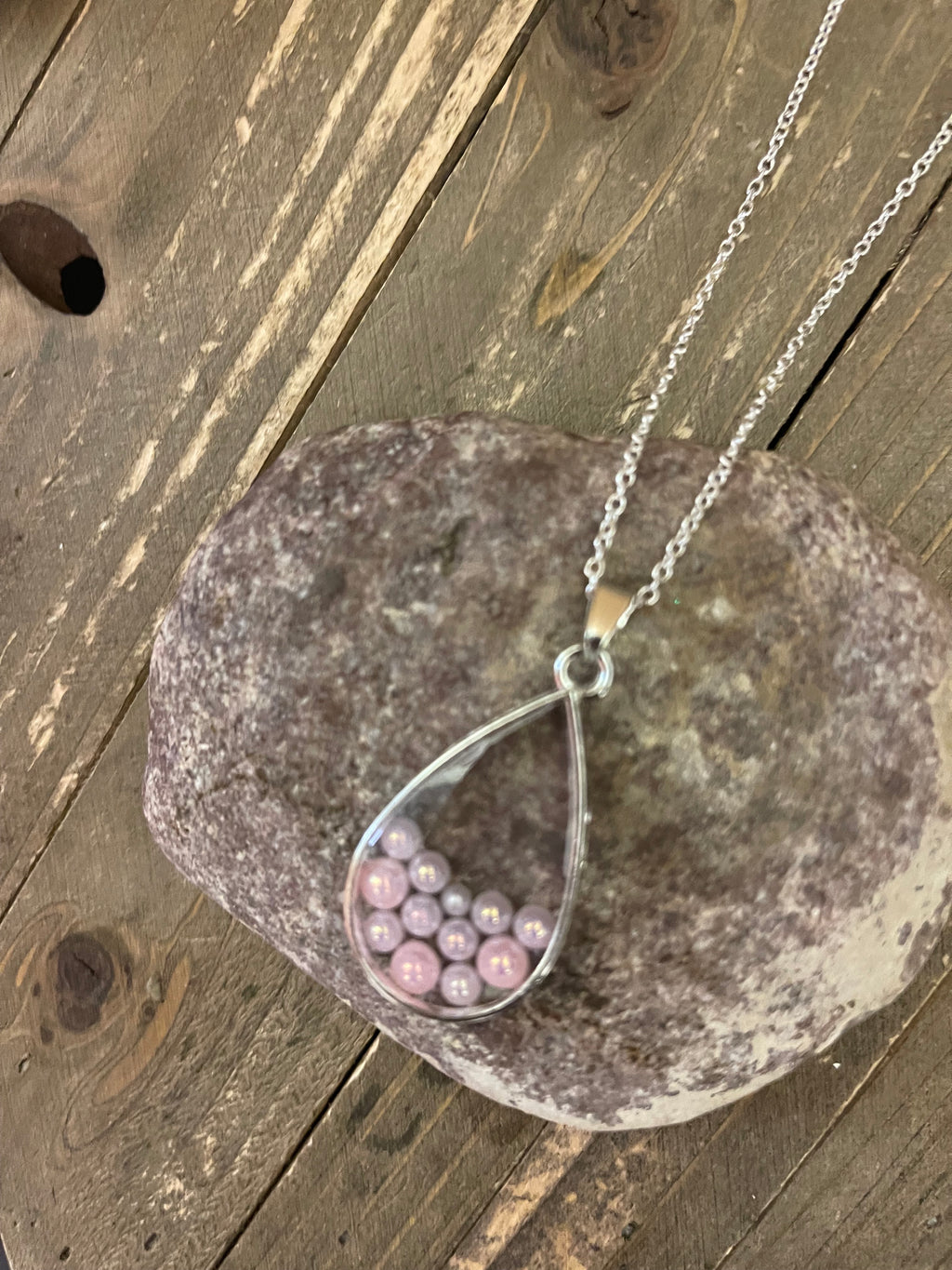 Teardrop with resin & pink rhinestones Pendant on a silver chain
