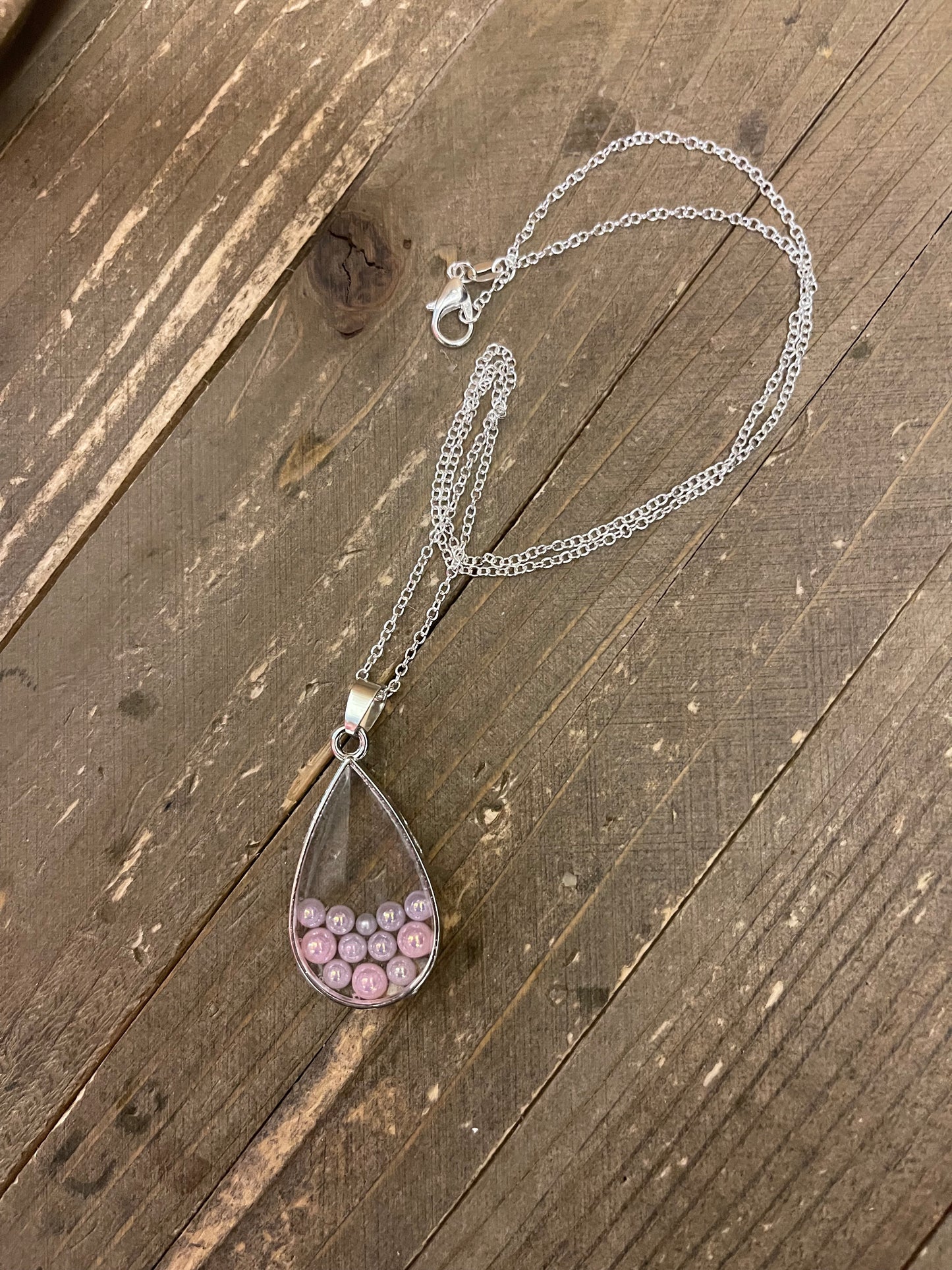 Teardrop with resin &amp; pink rhinestones Pendant on a silver chainPink tiful of LOVE