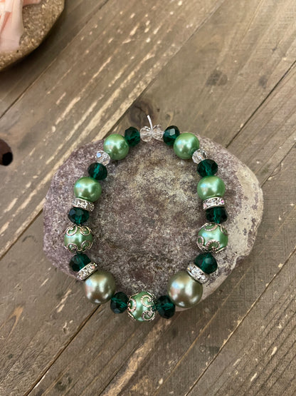 Emerald Pearl, Glass & Rhinestone Beaded Elastic/Stretch Bracelet