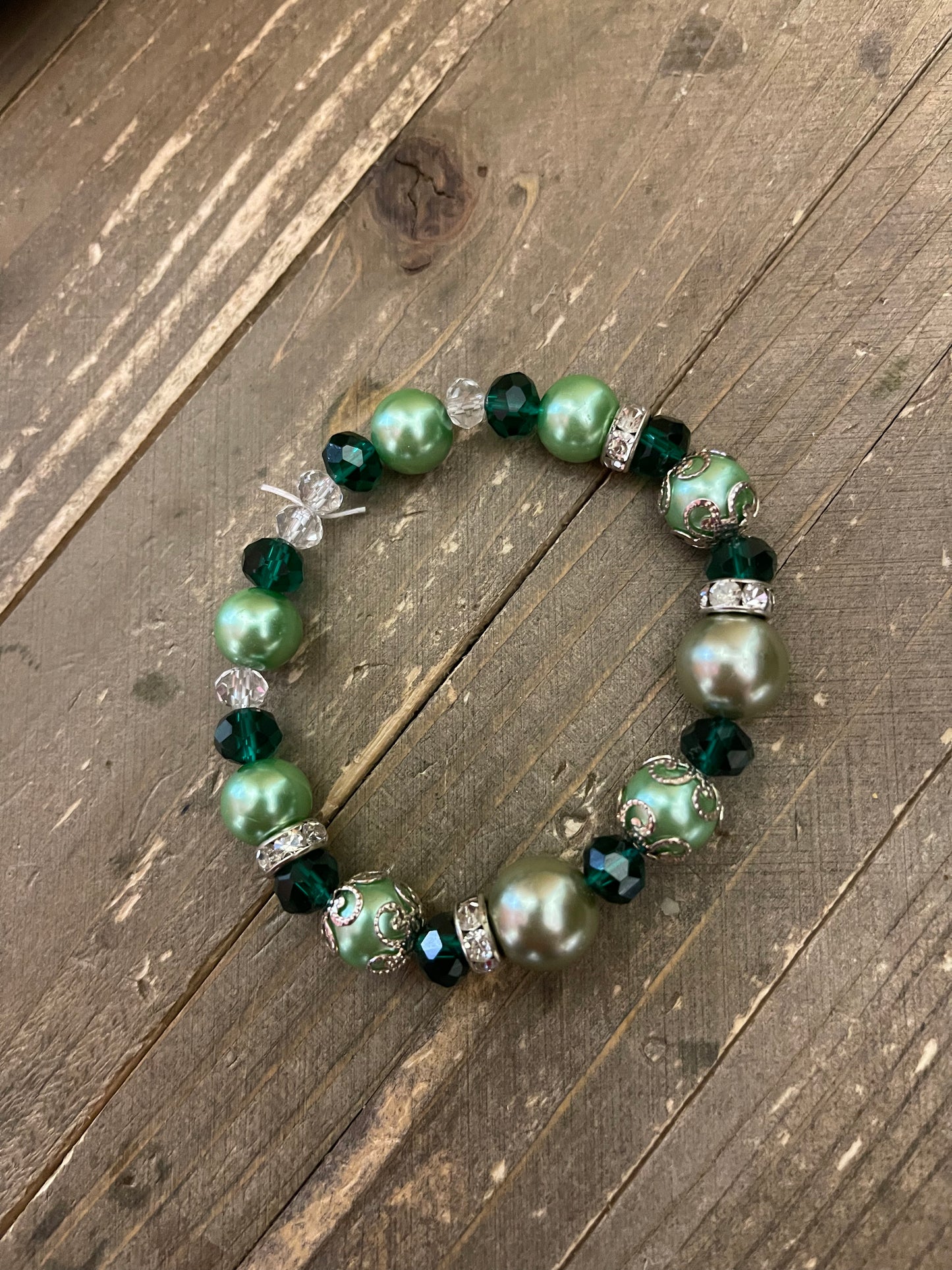 Emerald Pearl, Glass & Rhinestone Beaded Elastic/Stretch Bracelet