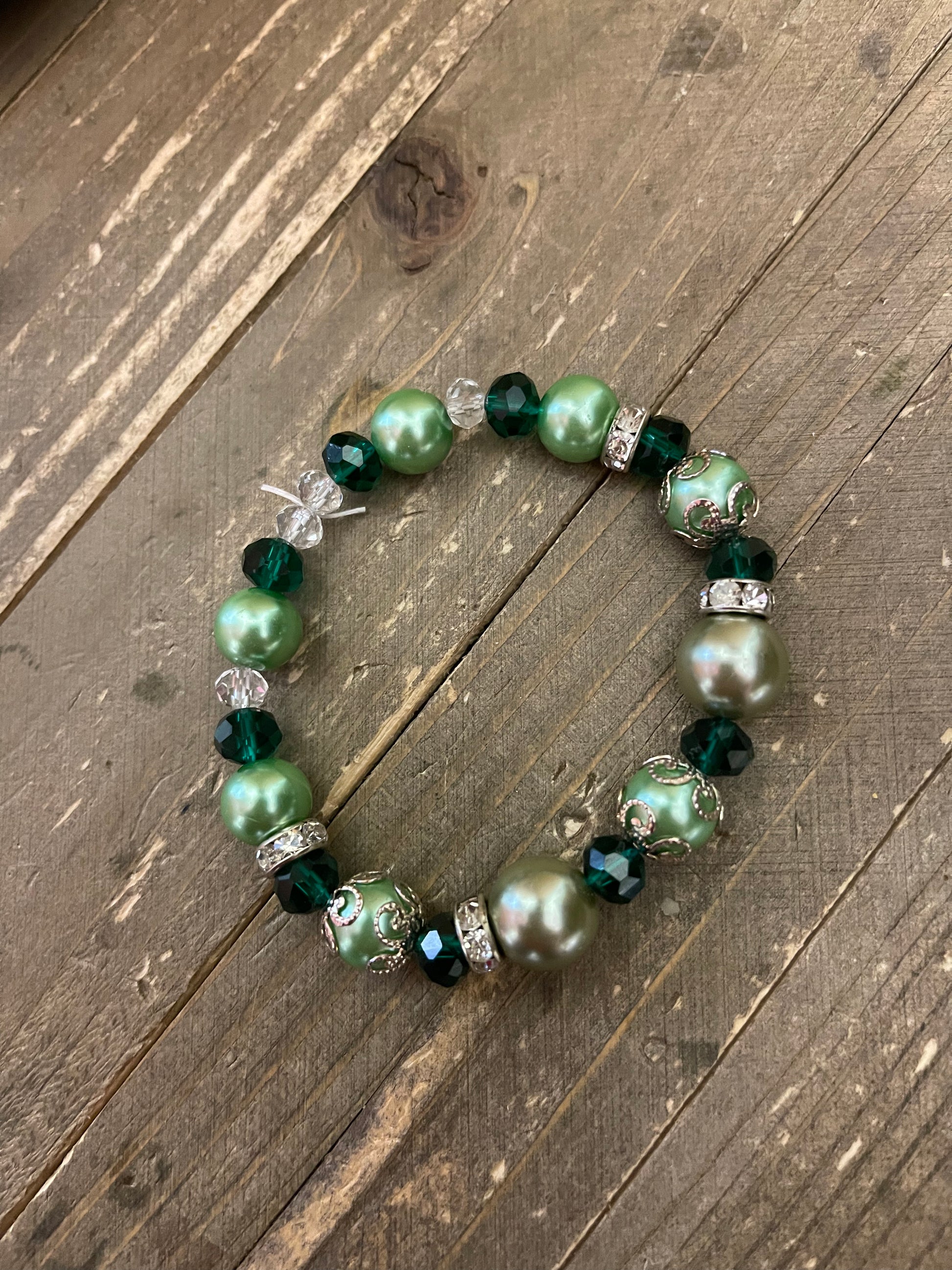 Emerald Pearl, Glass &amp; Rhinestone Beaded Elastic/Stretch BraceletPink tiful of LOVE