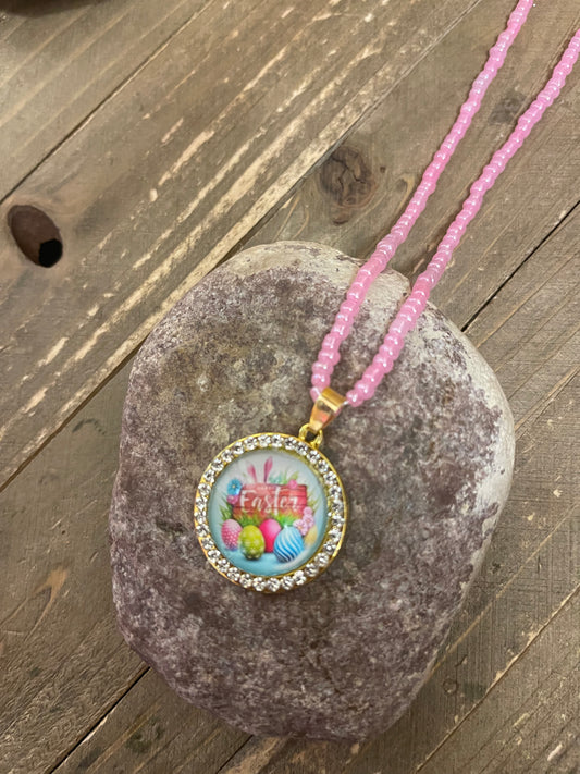 Easter-1 Cabochon Pendant on a Pink Seed beaded necklacePink tiful of LOVE