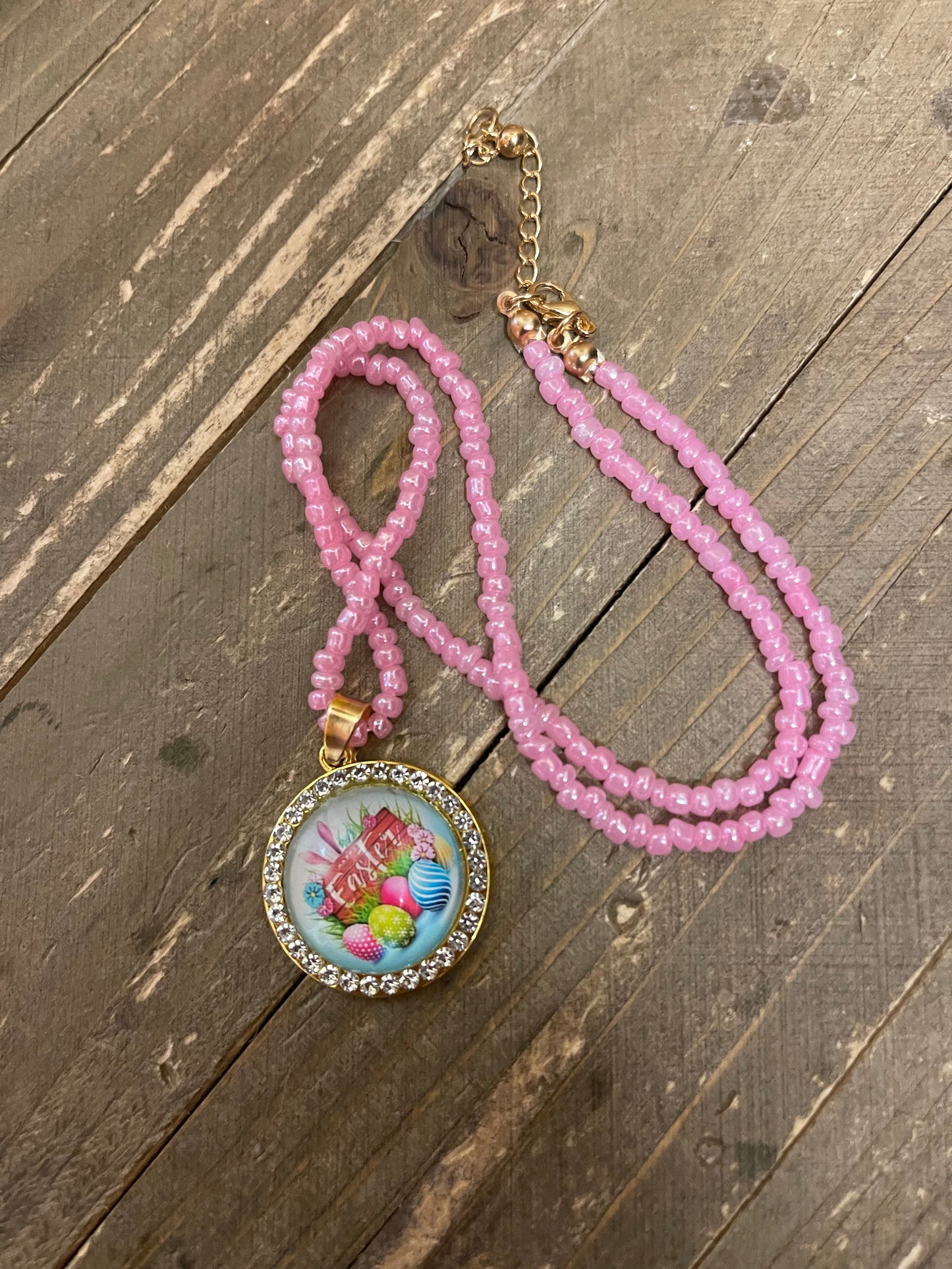 Easter-1 Cabochon Pendant on a Pink Seed beaded necklace