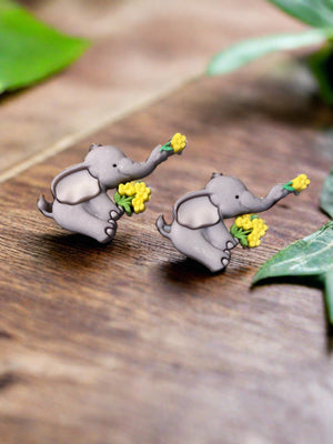 Tiny Trunk Elephant picking Flowers Post Earring