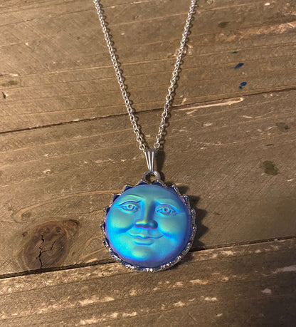 Iridescent Blue Moon Face Pendant  (CECupdt) on a Silver chain Necklace