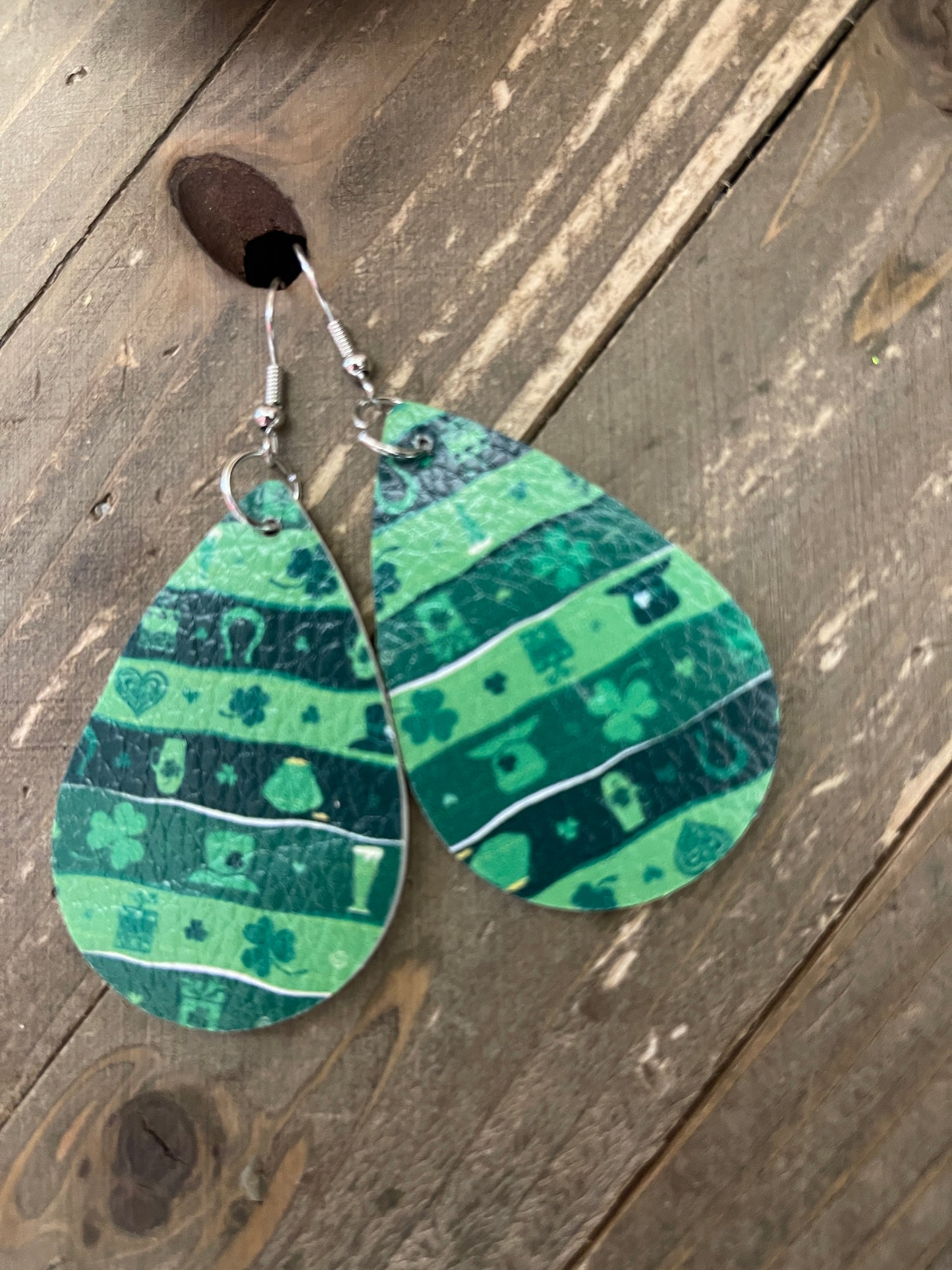Shades of Green Stripes-St Patrick's Day -Faux Leather teardrop earringsPink tiful of LOVE