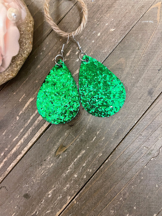 Sparkly Green Glitter; St Patrick's Day; Faux Leather teardrop earringsPink tiful of LOVE