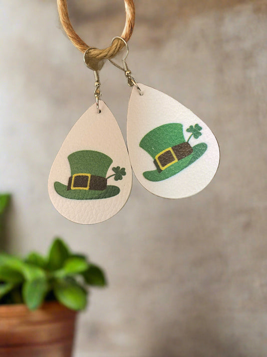 St Patrick's Day  shamrock Hat earrings;  Faux Leather teardrop earringsPink tiful of LOVE