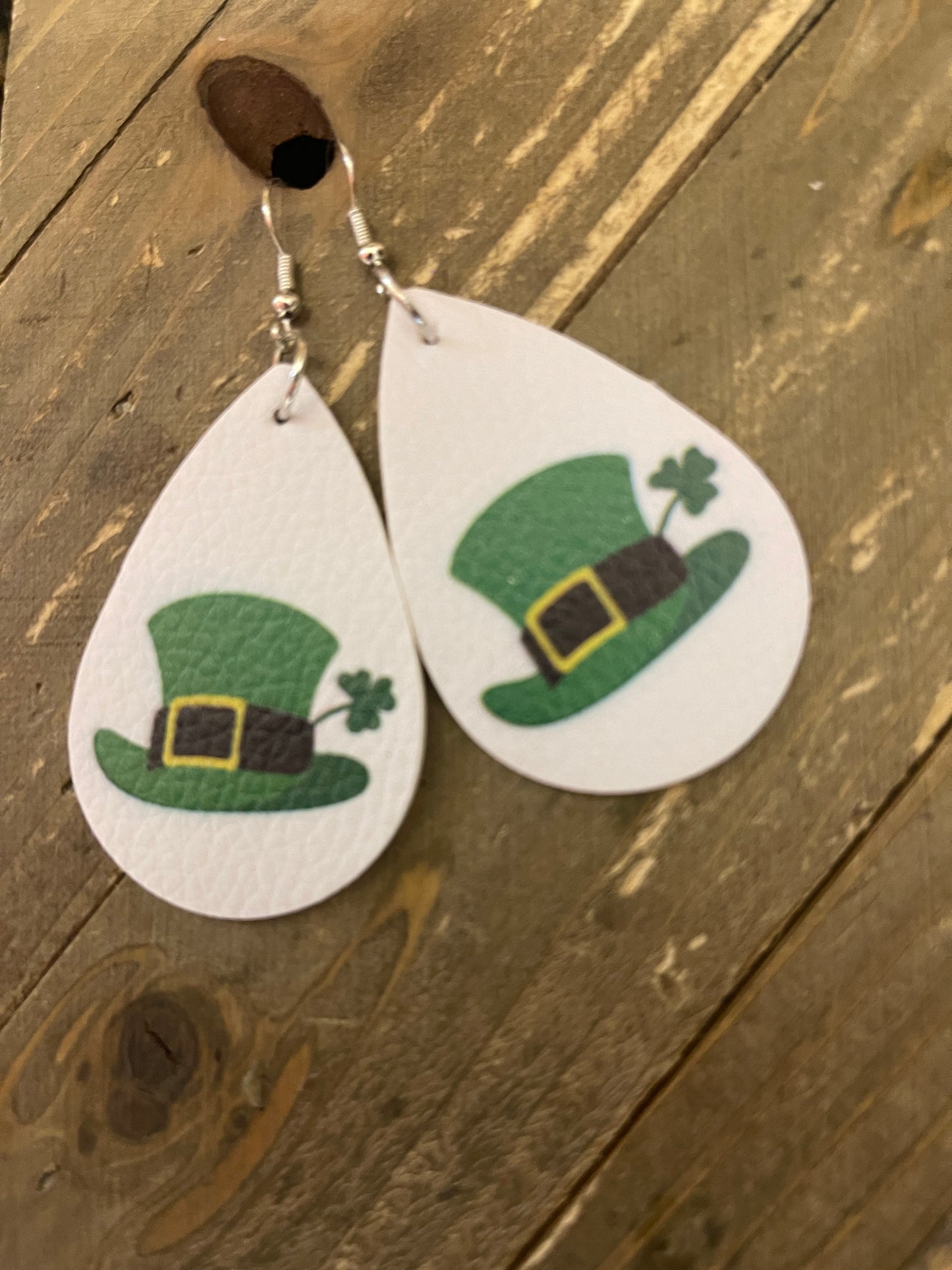 St Patrick's Day  shamrock Hat earrings;  Faux Leather teardrop earringsPink tiful of LOVE