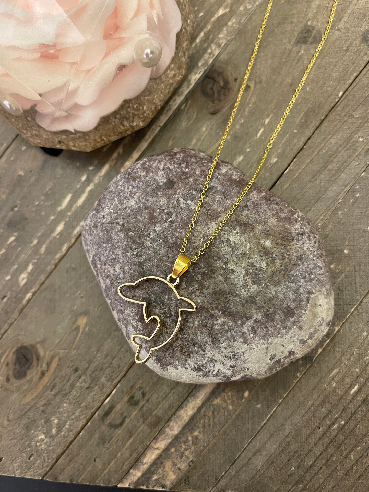 Dolphin Open Pendant on a Gold chain Necklace