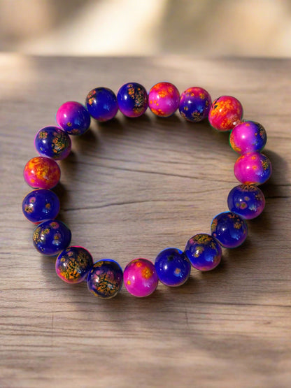 Pink, Purple, & Yellow Glass Splatter Beaded Elastic/Stretch Bracelet