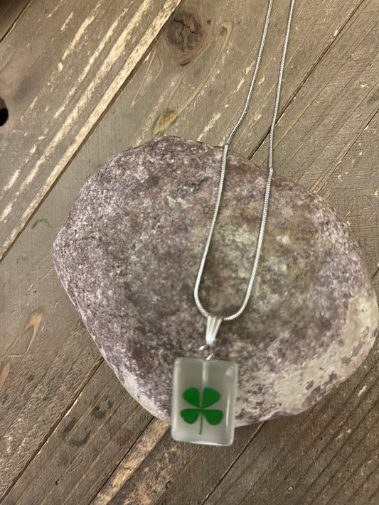 Shamrock-Rectangular Pendant on a Silver chain Necklace