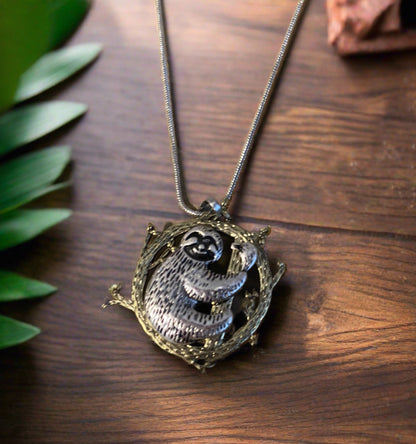 Sloth in a Tree Pendant on a Silver chain Necklace (CECupdt)