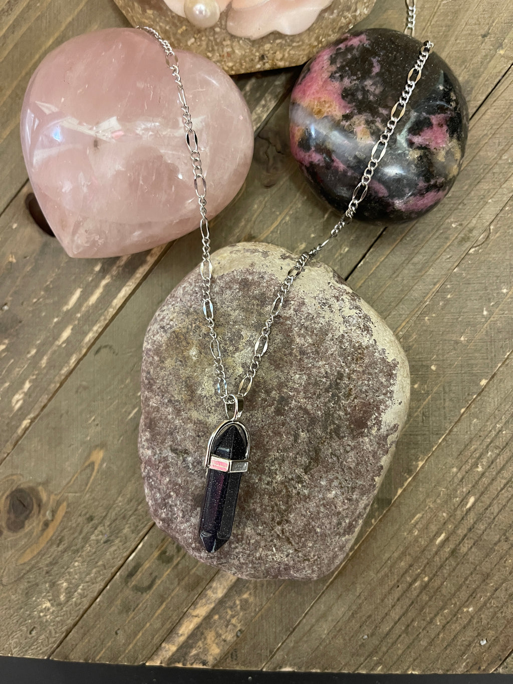 Blue Sandstone Dagger Pendant on a Silver chain Necklace
