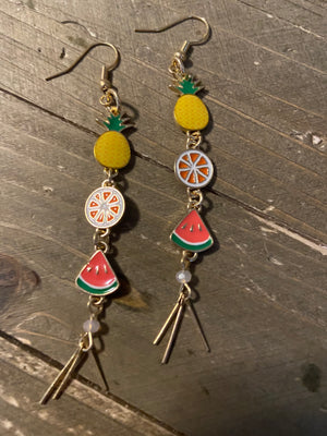 Asymmetrical Fruit Charm Wire Earrings (pineapple, orange slice and watermelon slice))