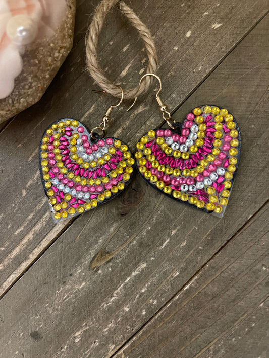 Diamond Painting gold, Pinks &amp; clear Gemstone Heart Wire EarringsPink tiful of LOVE