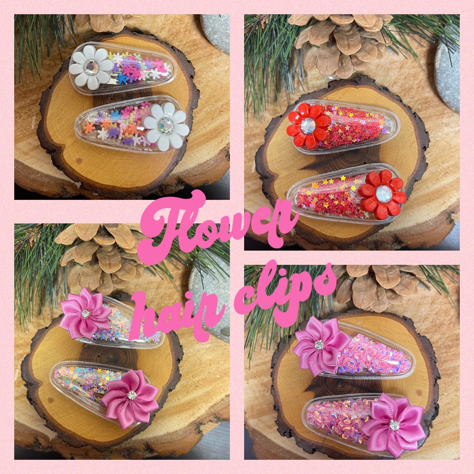 Flower Confetti-Shaker Snap Hair clips (4 pairs to choose)Pink tiful of LOVE