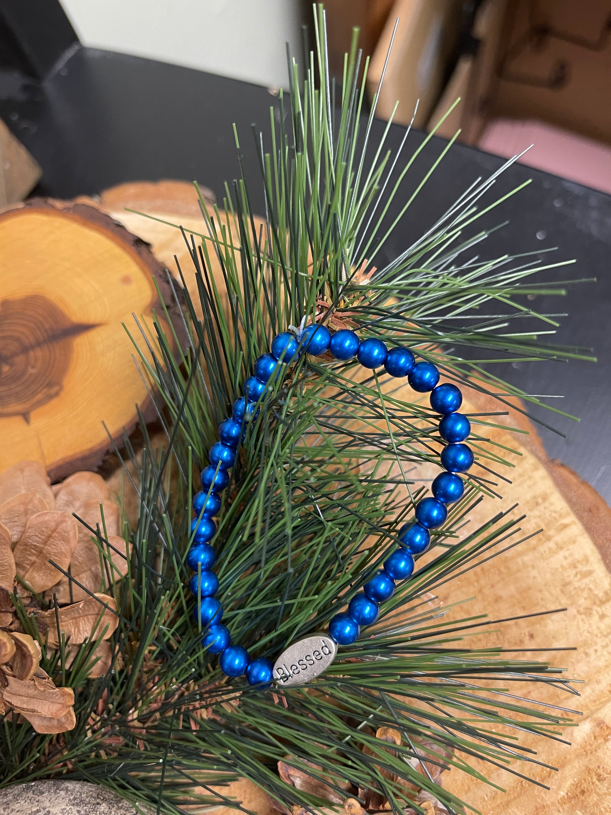 Blue Glass Pearl with &quot;Blessed&quot; charm Beaded Elastic/Stretch BraceletPink tiful of LOVE