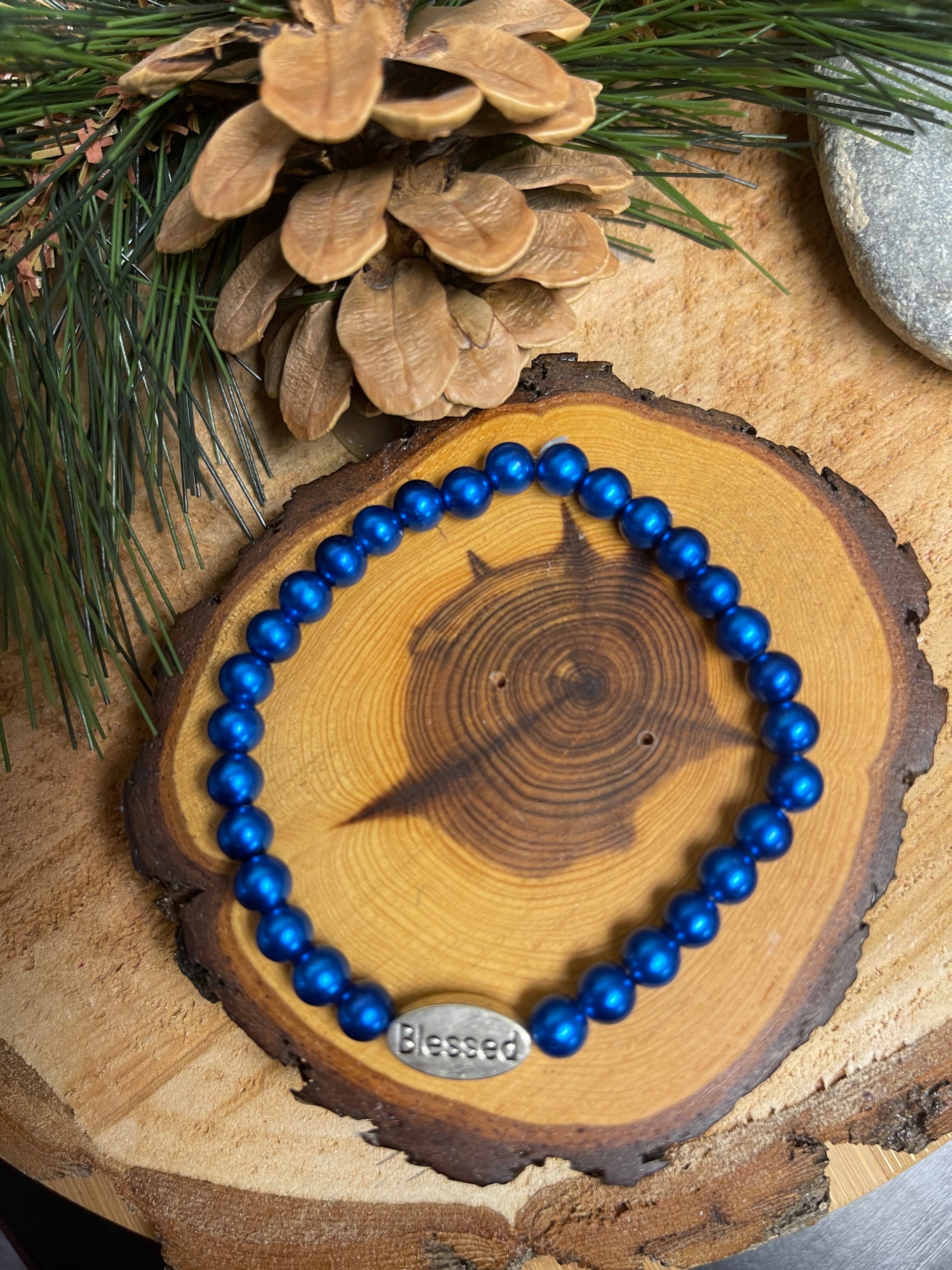 Blue Glass Pearl with &quot;Blessed&quot; charm Beaded Elastic/Stretch BraceletPink tiful of LOVE