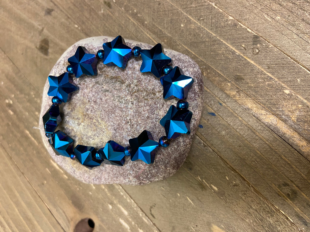Blue Star Glass Beaded Elastic/Stretch Bracelet