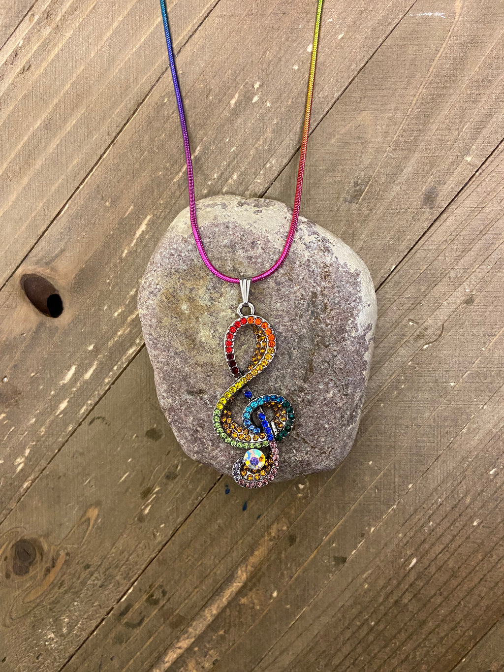 Rainbow Treble Clef (Music Note) Rhinestone Pendant on a Rainbow chain Necklace