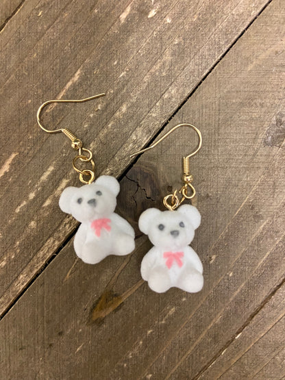 Fuzzy Brown or White Bear Charm Wire Earrings