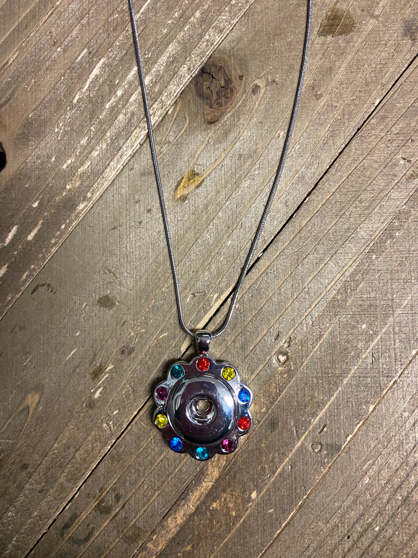 Snap Pendant/Necklace-scallop shaped with multi colored rhinestones  Coordinates with 18-20mm Snaps
